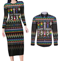 Pride Cat LGBT Couples Matching Long Sleeve Bodycon Dress and Long Sleeve Button Shirt Happy Purride Christmas - Cute Pet Rainbow Flag - Wonder Print Shop