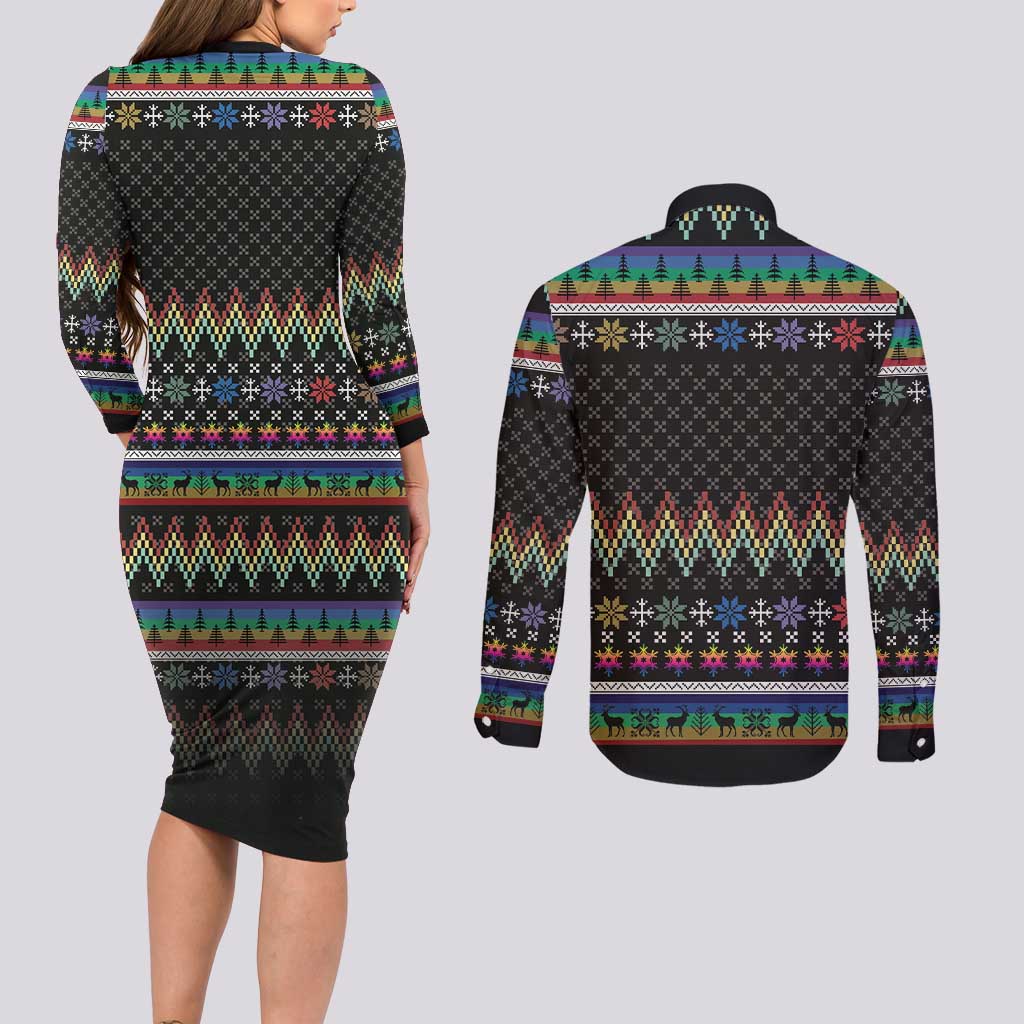 Pride Cat LGBT Couples Matching Long Sleeve Bodycon Dress and Long Sleeve Button Shirt Happy Purride Christmas - Cute Pet Rainbow Flag - Wonder Print Shop