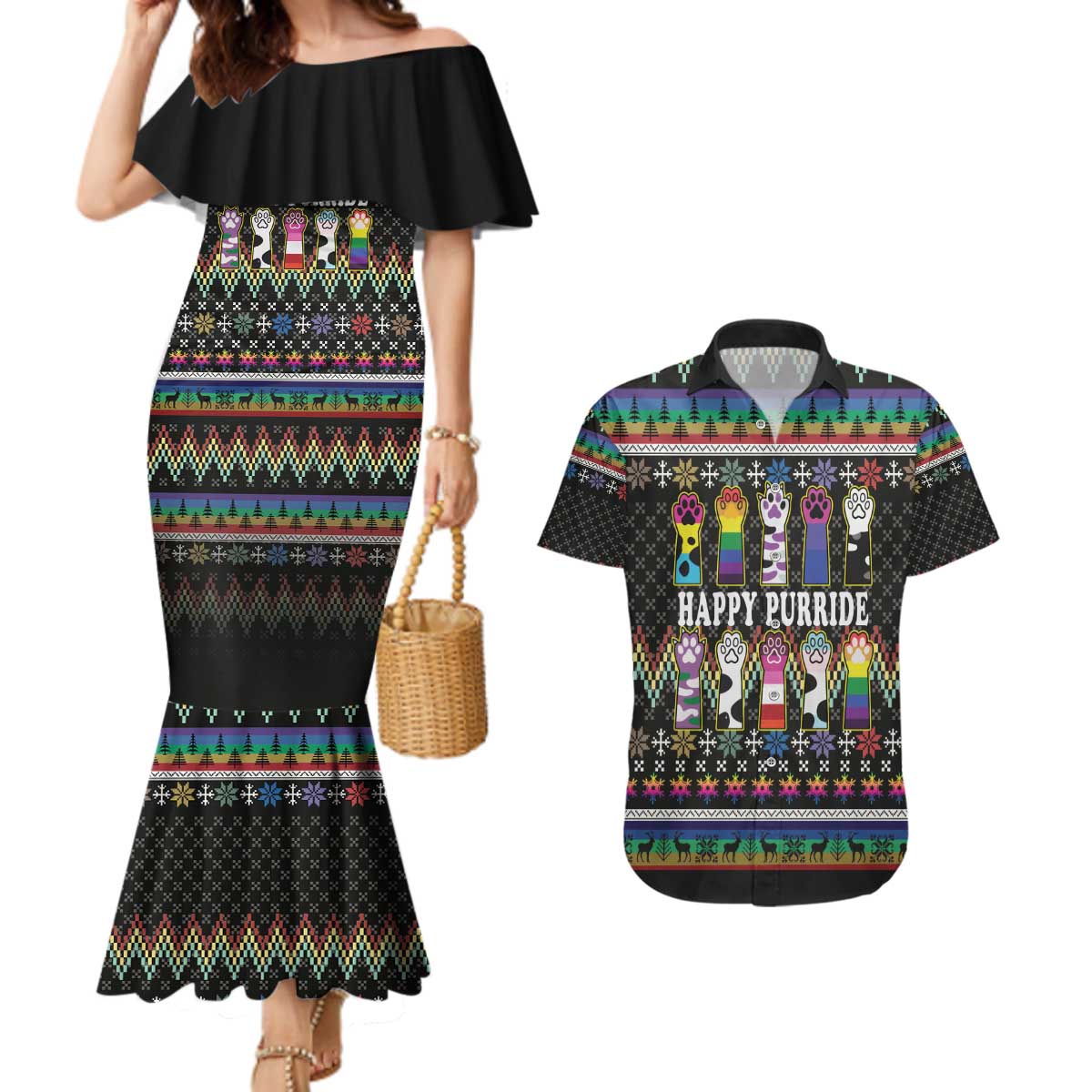 Pride Cat LGBT Couples Matching Mermaid Dress and Hawaiian Shirt Happy Purride Christmas - Cute Pet Rainbow Flag - Wonder Print Shop