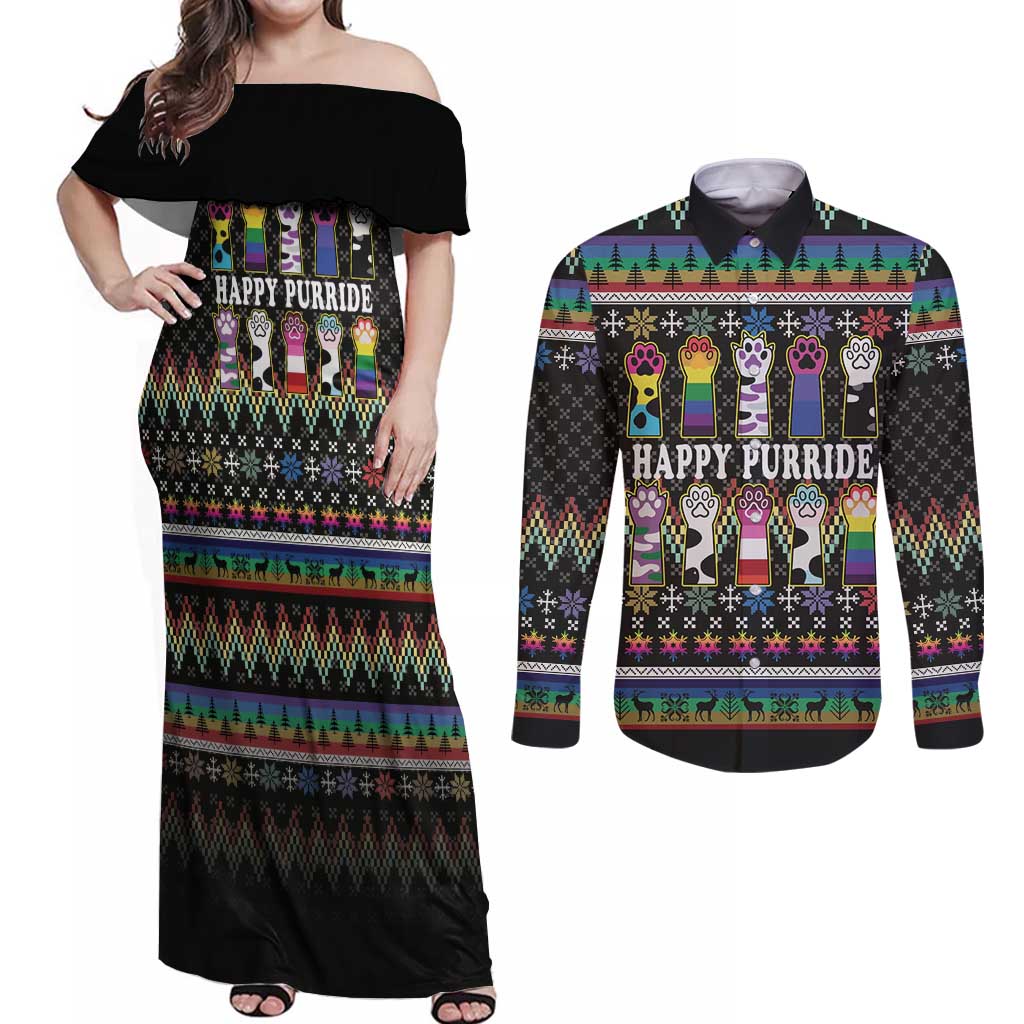 Pride Cat LGBT Couples Matching Off Shoulder Maxi Dress and Long Sleeve Button Shirt Happy Purride Christmas - Cute Pet Rainbow Flag - Wonder Print Shop