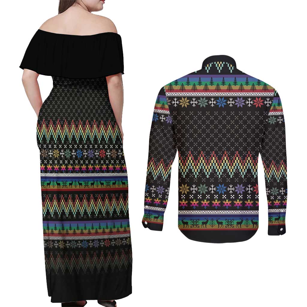 Pride Cat LGBT Couples Matching Off Shoulder Maxi Dress and Long Sleeve Button Shirt Happy Purride Christmas - Cute Pet Rainbow Flag - Wonder Print Shop