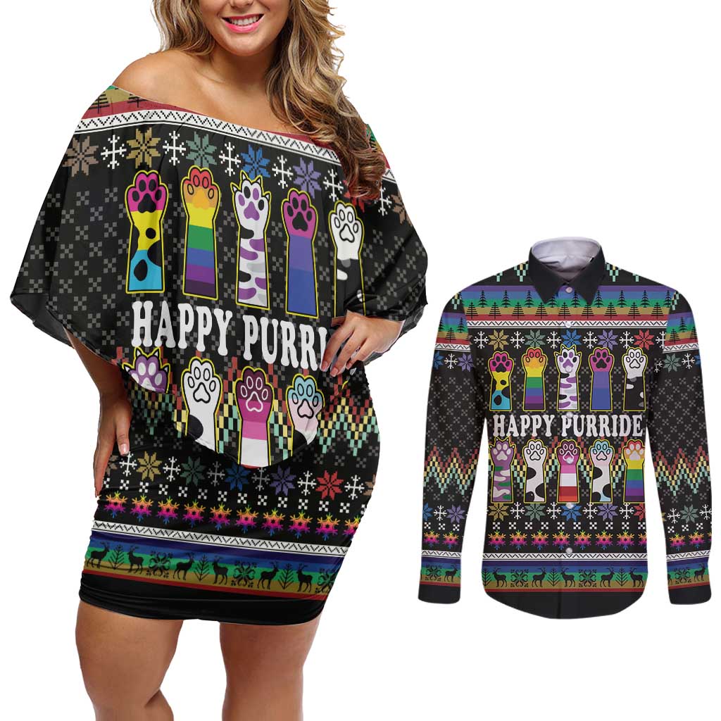 Pride Cat LGBT Couples Matching Off Shoulder Short Dress and Long Sleeve Button Shirt Happy Purride Christmas - Cute Pet Rainbow Flag - Wonder Print Shop
