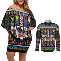 Pride Cat LGBT Couples Matching Off Shoulder Short Dress and Long Sleeve Button Shirt Happy Purride Christmas - Cute Pet Rainbow Flag - Wonder Print Shop
