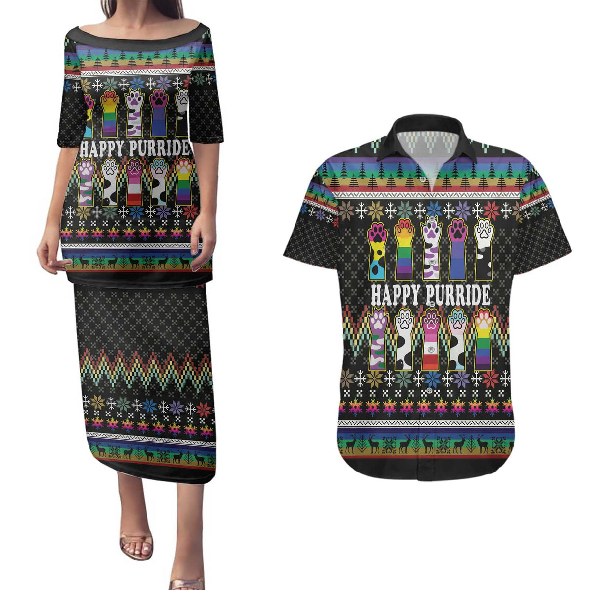 Pride Cat LGBT Couples Matching Puletasi and Hawaiian Shirt Happy Purride Christmas - Cute Pet Rainbow Flag - Wonder Print Shop