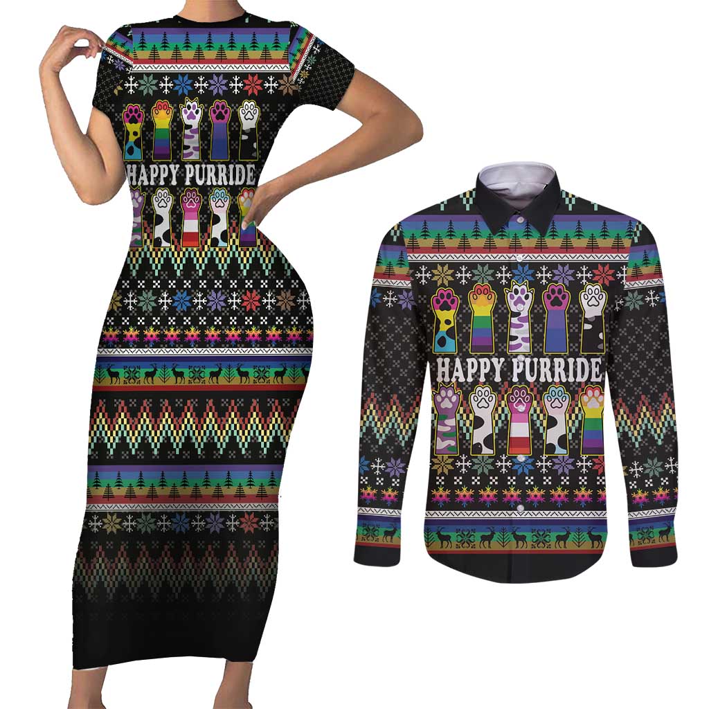 Pride Cat LGBT Couples Matching Short Sleeve Bodycon Dress and Long Sleeve Button Shirt Happy Purride Christmas - Cute Pet Rainbow Flag - Wonder Print Shop