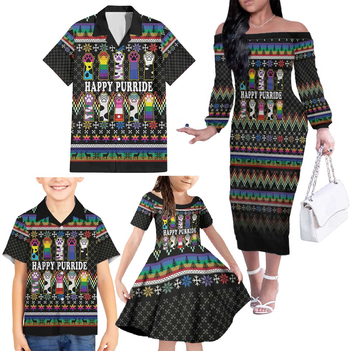 Pride Cat LGBT Family Matching Off The Shoulder Long Sleeve Dress and Hawaiian Shirt Happy Purride Christmas - Cute Pet Rainbow Flag - Wonder Print Shop