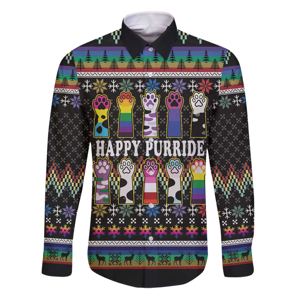 Pride Cat LGBT Family Matching Off The Shoulder Long Sleeve Dress and Hawaiian Shirt Happy Purride Christmas - Cute Pet Rainbow Flag - Wonder Print Shop