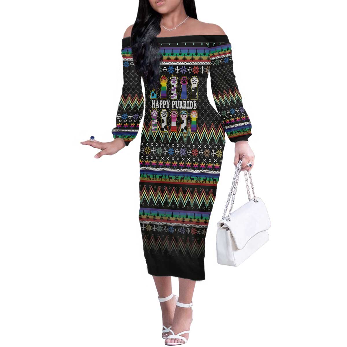 Pride Cat LGBT Family Matching Off The Shoulder Long Sleeve Dress and Hawaiian Shirt Happy Purride Christmas - Cute Pet Rainbow Flag - Wonder Print Shop