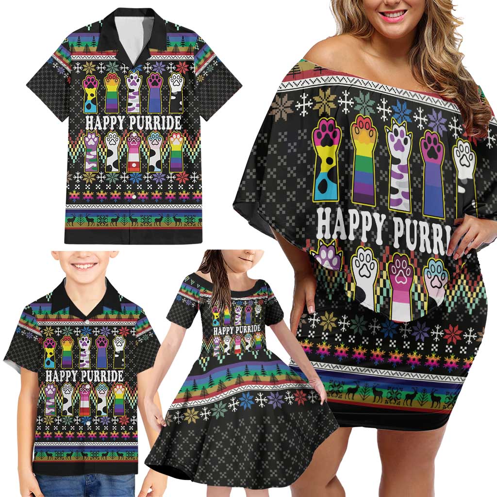 Pride Cat LGBT Family Matching Off Shoulder Short Dress and Hawaiian Shirt Happy Purride Christmas - Cute Pet Rainbow Flag - Wonder Print Shop
