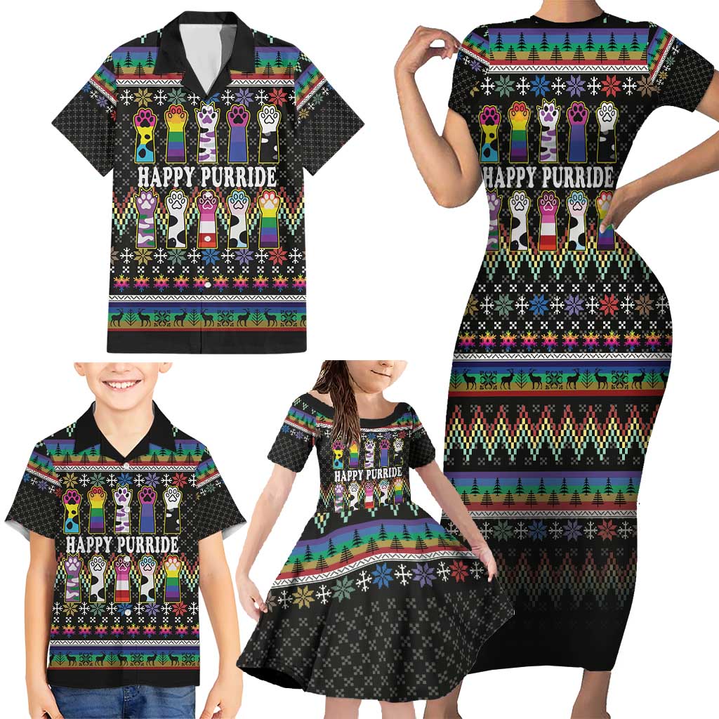 Pride Cat LGBT Family Matching Short Sleeve Bodycon Dress and Hawaiian Shirt Happy Purride Christmas - Cute Pet Rainbow Flag - Wonder Print Shop