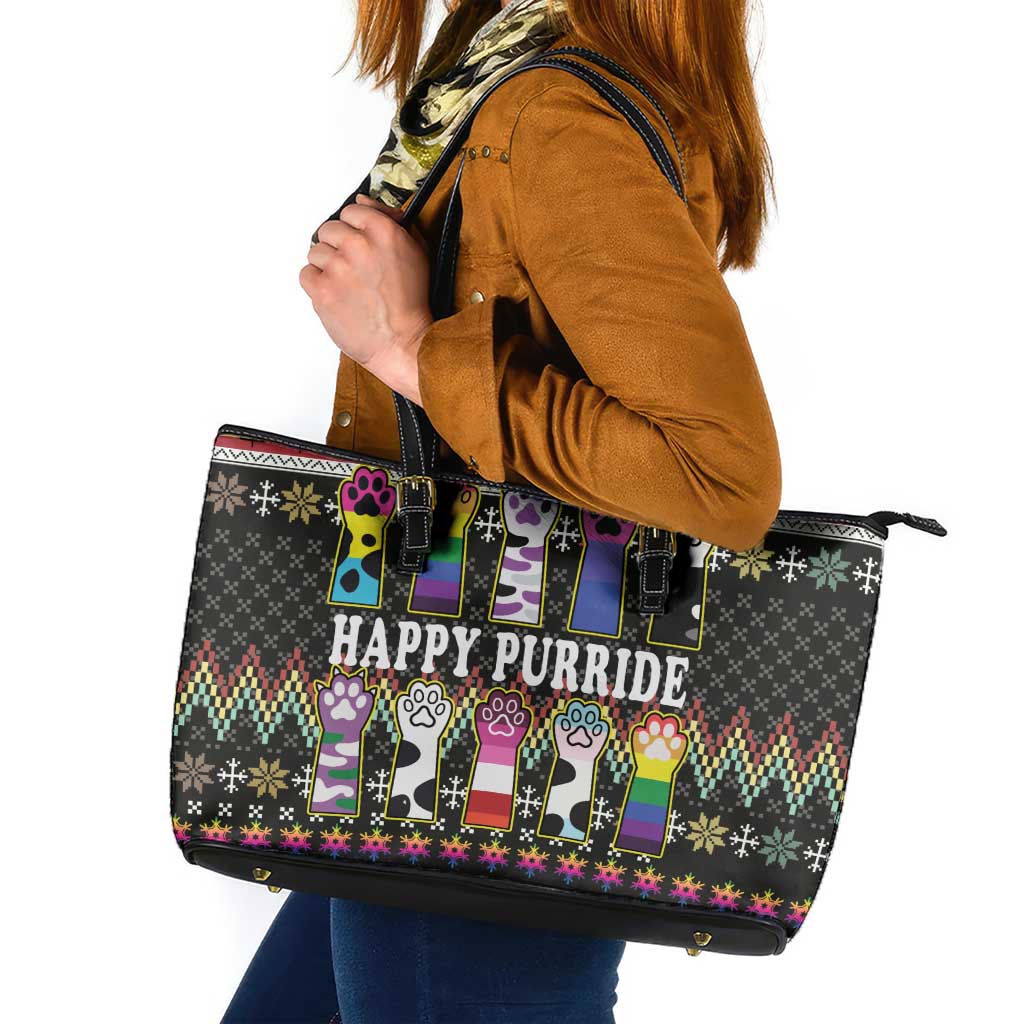 Pride Cat LGBT Leather Tote Bag Happy Purride Christmas - Cute Pet Rainbow Flag - Wonder Print Shop