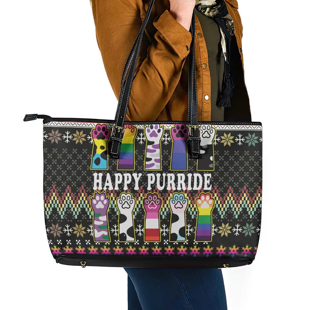 Pride Cat LGBT Leather Tote Bag Happy Purride Christmas - Cute Pet Rainbow Flag - Wonder Print Shop
