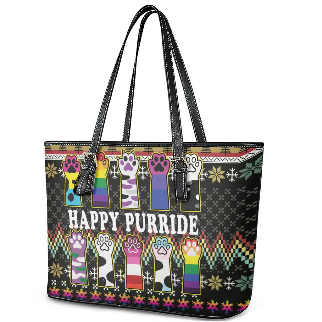 Pride Cat LGBT Leather Tote Bag Happy Purride Christmas - Cute Pet Rainbow Flag - Wonder Print Shop