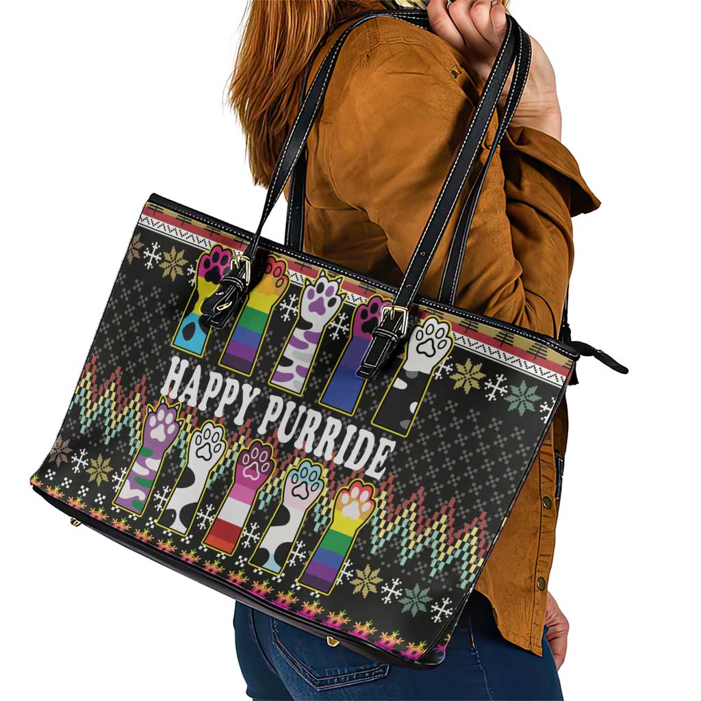 Pride Cat LGBT Leather Tote Bag Happy Purride Christmas - Cute Pet Rainbow Flag - Wonder Print Shop