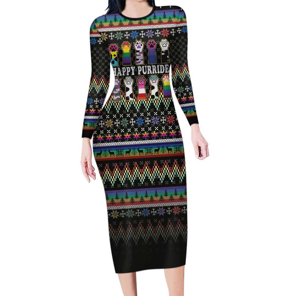 Pride Cat LGBT Long Sleeve Bodycon Dress Happy Purride Christmas - Cute Pet Rainbow Flag - Wonder Print Shop