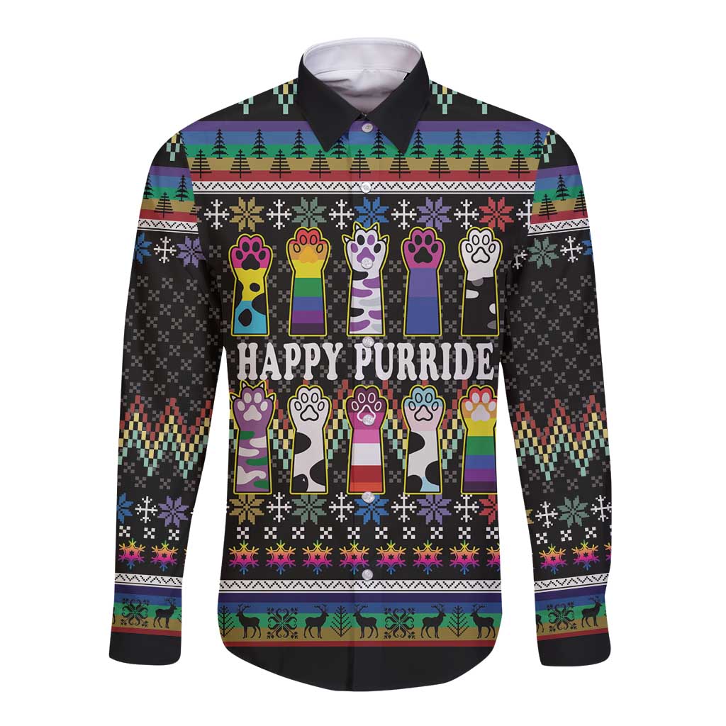Pride Cat LGBT Long Sleeve Button Shirt Happy Purride Christmas - Cute Pet Rainbow Flag - Wonder Print Shop