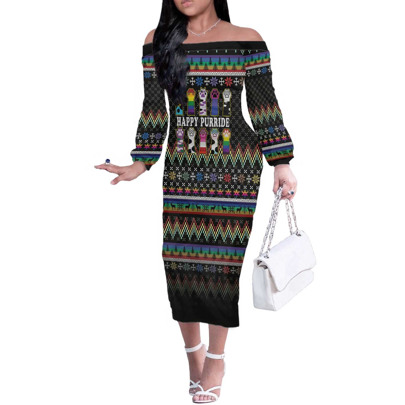 Pride Cat LGBT Off The Shoulder Long Sleeve Dress Happy Purride Christmas - Cute Pet Rainbow Flag - Wonder Print Shop