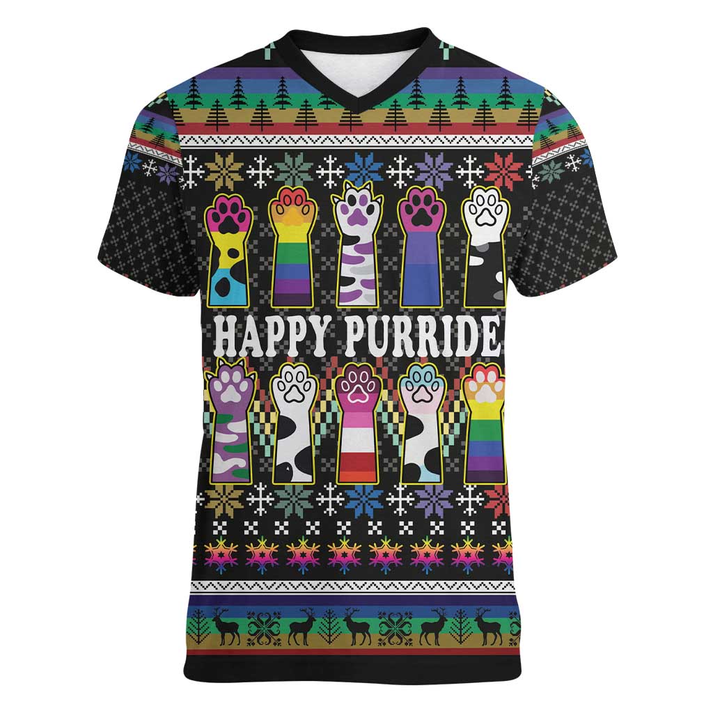 Pride Cat LGBT Women V-Neck T-Shirt Happy Purride Christmas - Cute Pet Rainbow Flag - Wonder Print Shop