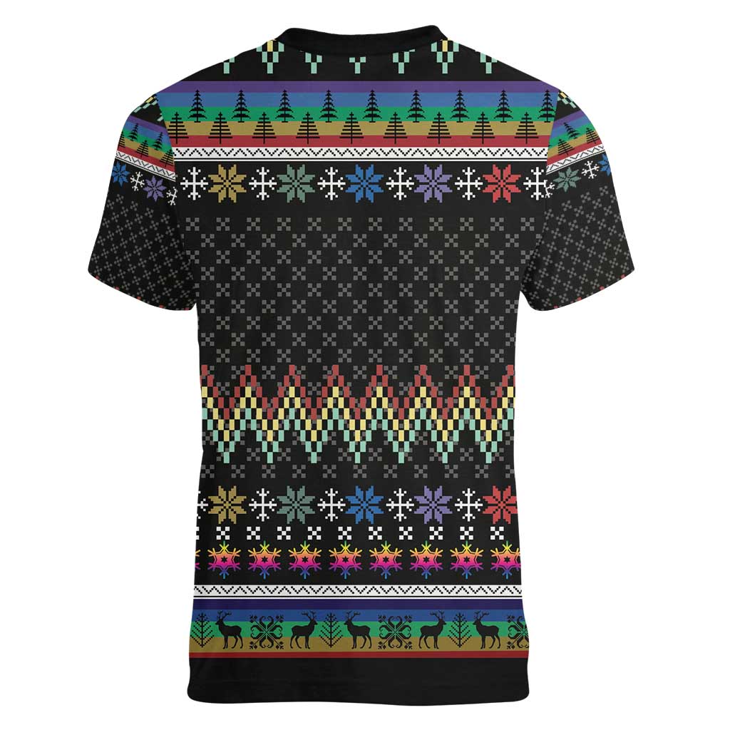 Pride Cat LGBT Women V-Neck T-Shirt Happy Purride Christmas - Cute Pet Rainbow Flag - Wonder Print Shop