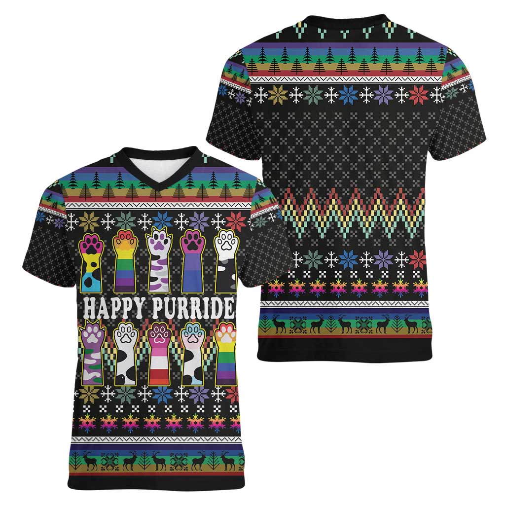 Pride Cat LGBT Women V-Neck T-Shirt Happy Purride Christmas - Cute Pet Rainbow Flag - Wonder Print Shop