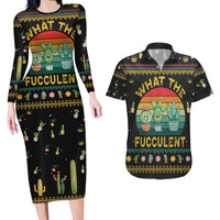 Cacuts Christmas Couples Matching Long Sleeve Bodycon Dress and Hawaiian Shirt Cactus What the Fucculent - Wonder Print Shop