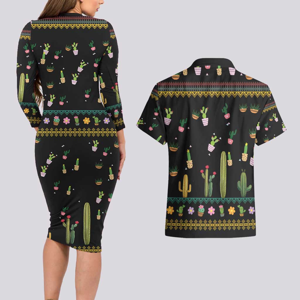 Cacuts Christmas Couples Matching Long Sleeve Bodycon Dress and Hawaiian Shirt Cactus What the Fucculent - Wonder Print Shop