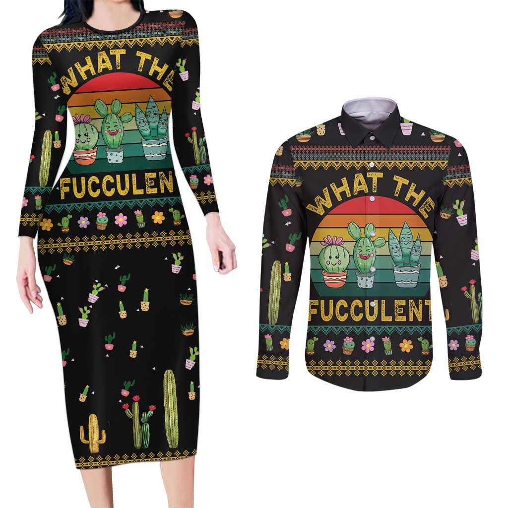 Cacuts Christmas Couples Matching Long Sleeve Bodycon Dress and Long Sleeve Button Shirt Cactus What the Fucculent - Wonder Print Shop