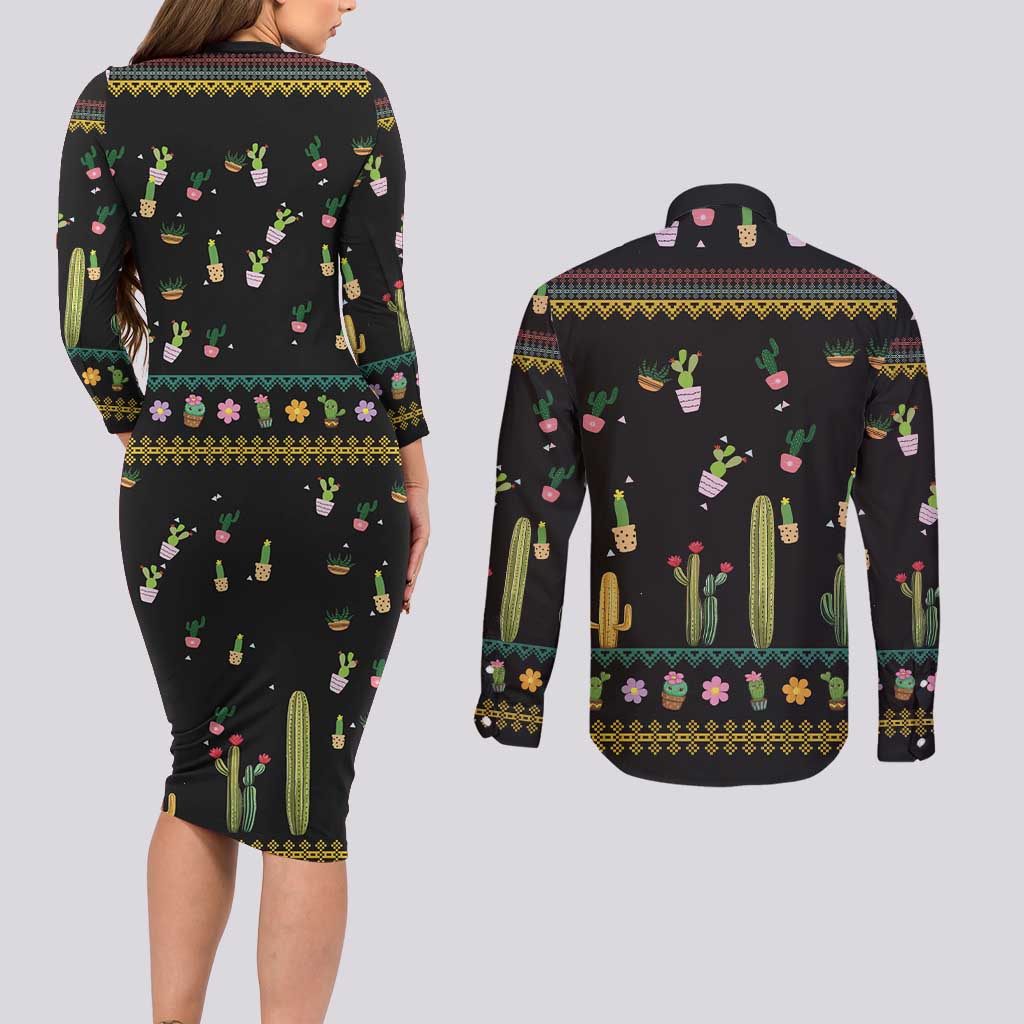 Cacuts Christmas Couples Matching Long Sleeve Bodycon Dress and Long Sleeve Button Shirt Cactus What the Fucculent - Wonder Print Shop