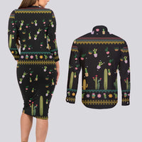 Cacuts Christmas Couples Matching Long Sleeve Bodycon Dress and Long Sleeve Button Shirt Cactus What the Fucculent - Wonder Print Shop