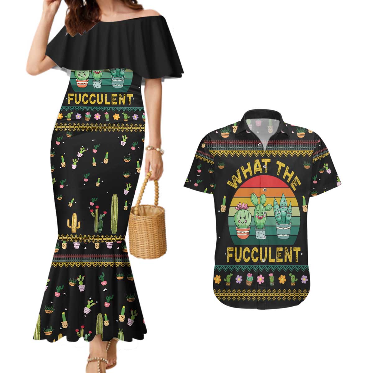 Cacuts Christmas Couples Matching Mermaid Dress and Hawaiian Shirt Cactus What the Fucculent - Wonder Print Shop