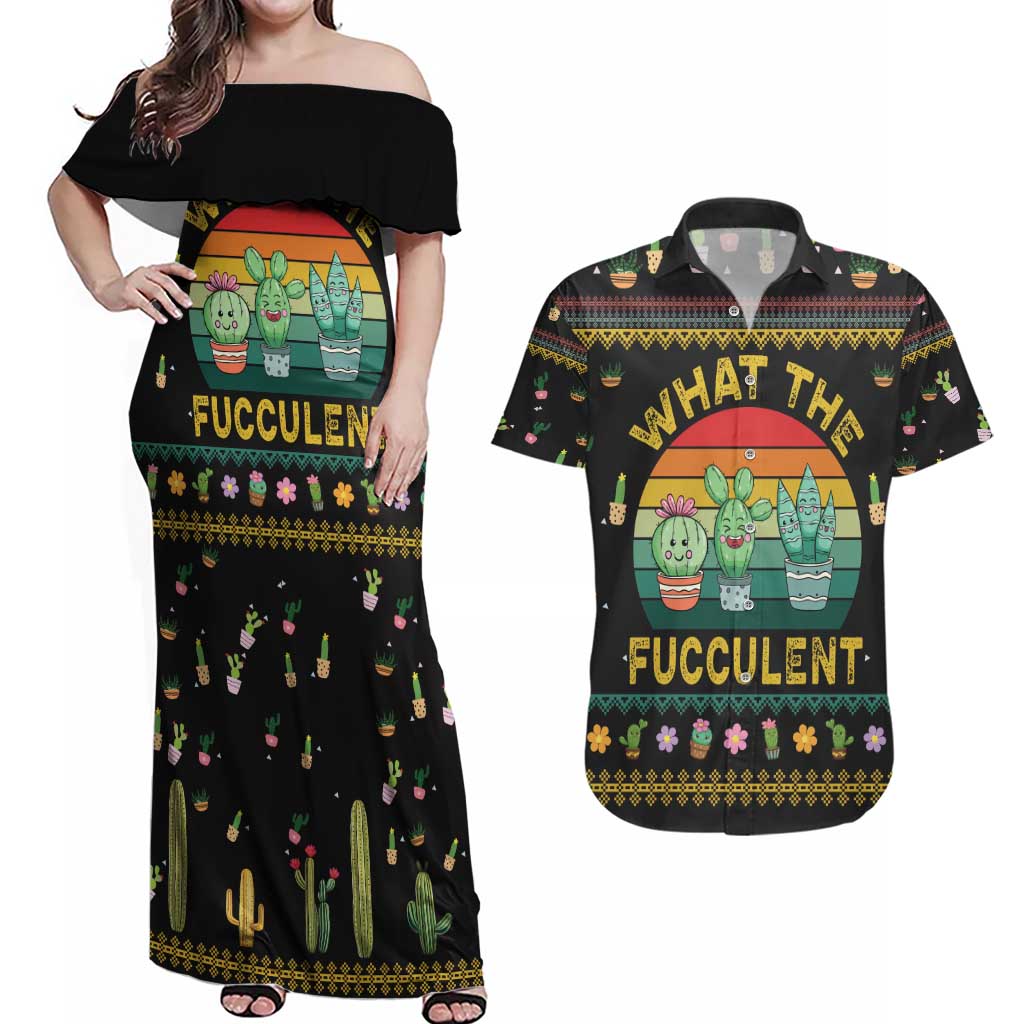 Cacuts Christmas Couples Matching Off Shoulder Maxi Dress and Hawaiian Shirt Cactus What the Fucculent - Wonder Print Shop