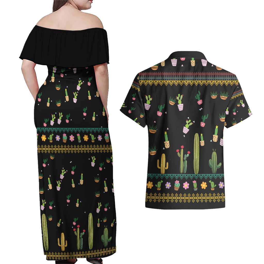 Cacuts Christmas Couples Matching Off Shoulder Maxi Dress and Hawaiian Shirt Cactus What the Fucculent - Wonder Print Shop