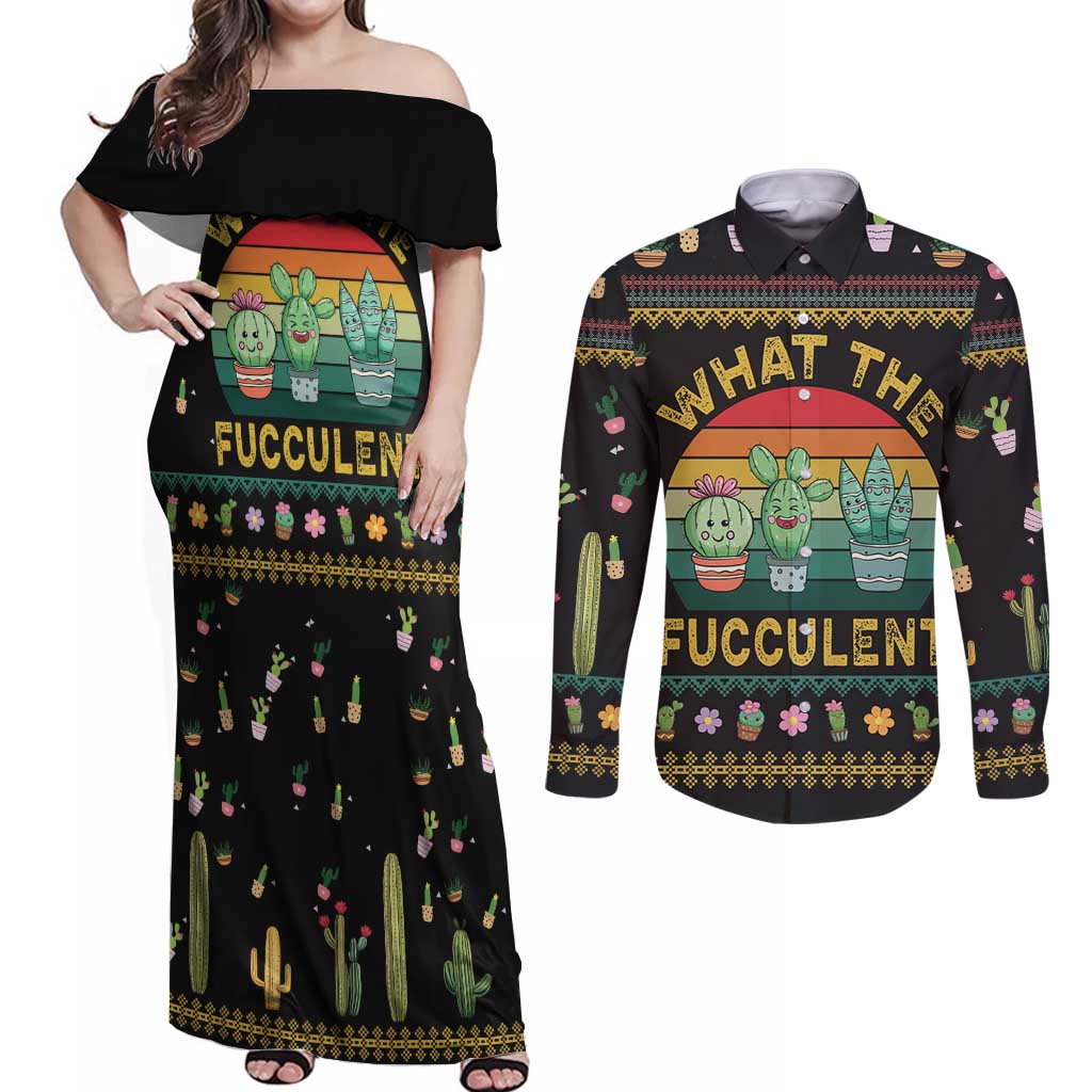 Cacuts Christmas Couples Matching Off Shoulder Maxi Dress and Long Sleeve Button Shirt Cactus What the Fucculent - Wonder Print Shop