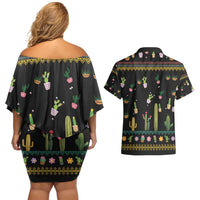 Cacuts Christmas Couples Matching Off Shoulder Short Dress and Hawaiian Shirt Cactus What the Fucculent - Wonder Print Shop