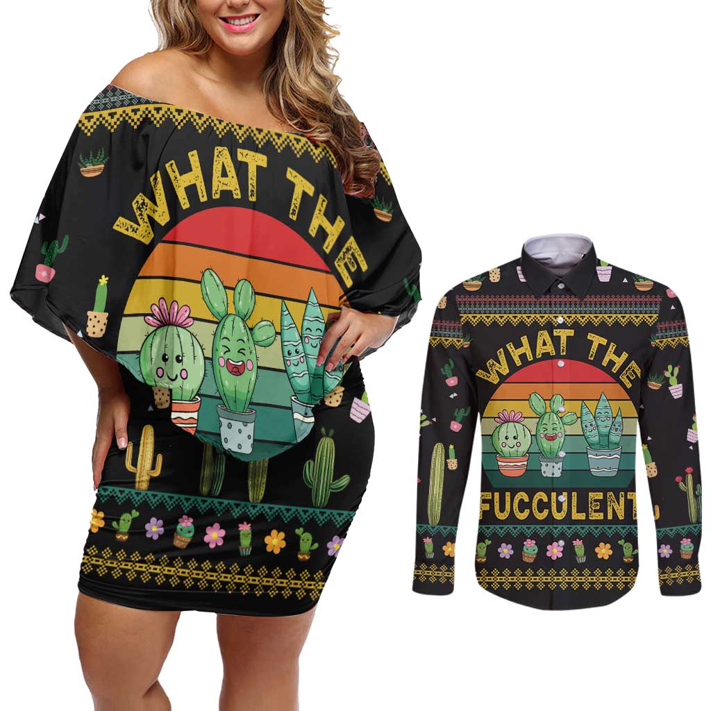 Cacuts Christmas Couples Matching Off Shoulder Short Dress and Long Sleeve Button Shirt Cactus What the Fucculent - Wonder Print Shop