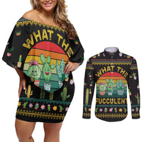Cacuts Christmas Couples Matching Off Shoulder Short Dress and Long Sleeve Button Shirt Cactus What the Fucculent - Wonder Print Shop