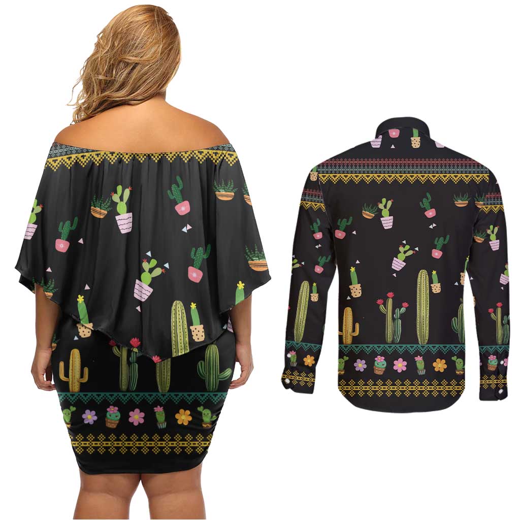 Cacuts Christmas Couples Matching Off Shoulder Short Dress and Long Sleeve Button Shirt Cactus What the Fucculent - Wonder Print Shop