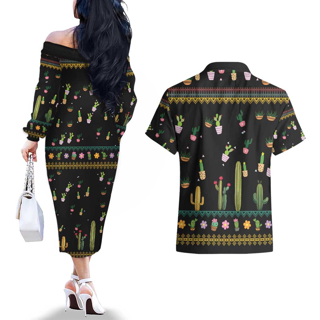 Cacuts Christmas Couples Matching Off The Shoulder Long Sleeve Dress and Hawaiian Shirt Cactus What the Fucculent - Wonder Print Shop