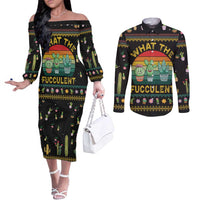 Cacuts Christmas Couples Matching Off The Shoulder Long Sleeve Dress and Long Sleeve Button Shirt Cactus What the Fucculent