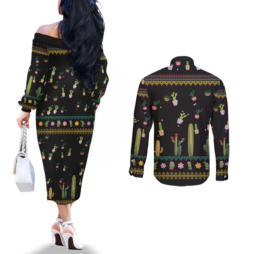 Cacuts Christmas Couples Matching Off The Shoulder Long Sleeve Dress and Long Sleeve Button Shirt Cactus What the Fucculent