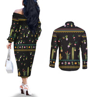 Cacuts Christmas Couples Matching Off The Shoulder Long Sleeve Dress and Long Sleeve Button Shirt Cactus What the Fucculent