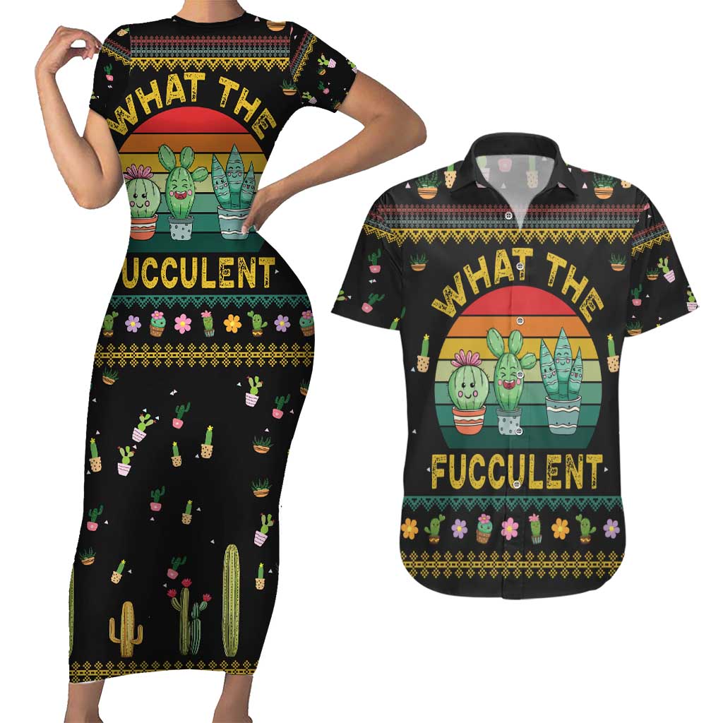 Cacuts Christmas Couples Matching Short Sleeve Bodycon Dress and Hawaiian Shirt Cactus What the Fucculent - Wonder Print Shop