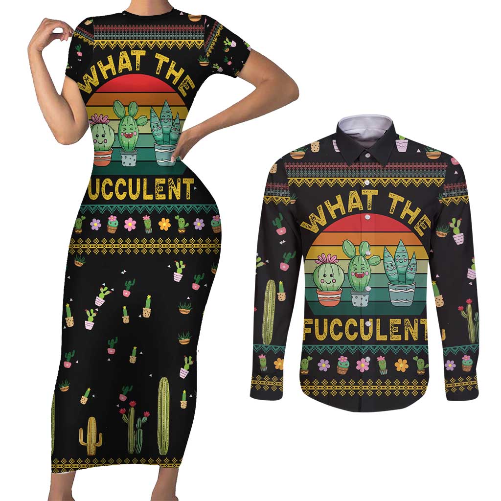 Cacuts Christmas Couples Matching Short Sleeve Bodycon Dress and Long Sleeve Button Shirt Cactus What the Fucculent - Wonder Print Shop