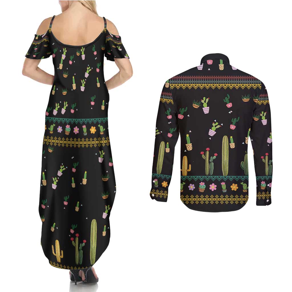 Cacuts Christmas Couples Matching Summer Maxi Dress and Long Sleeve Button Shirt Cactus What the Fucculent - Wonder Print Shop