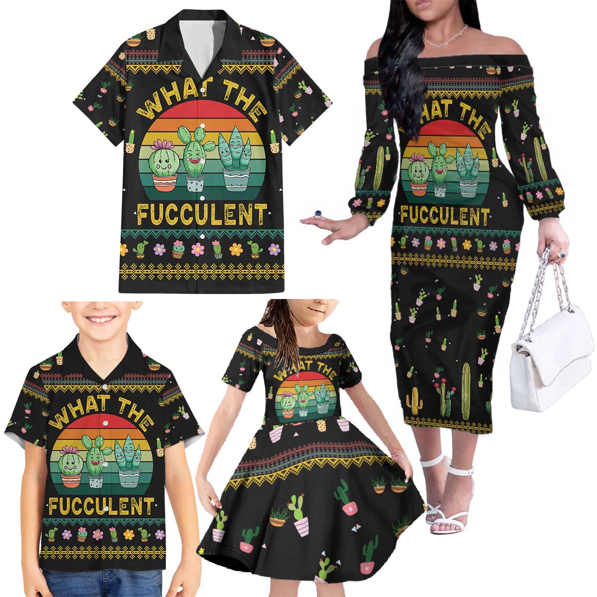 Cacuts Christmas Family Matching Off The Shoulder Long Sleeve Dress and Hawaiian Shirt Cactus What the Fucculent - Wonder Print Shop