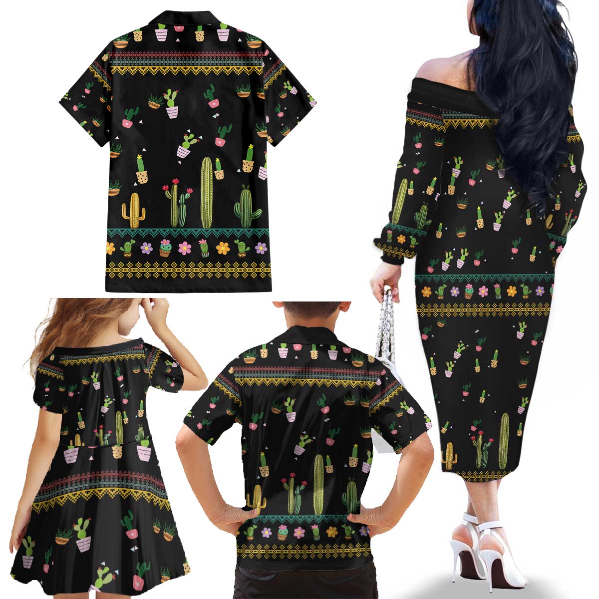 Cacuts Christmas Family Matching Off The Shoulder Long Sleeve Dress and Hawaiian Shirt Cactus What the Fucculent - Wonder Print Shop