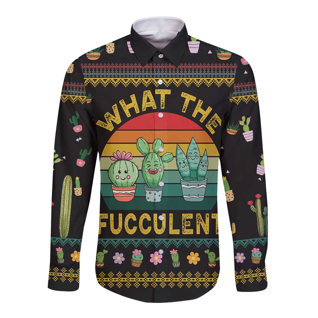 Cacuts Christmas Long Sleeve Button Shirt Cactus What the Fucculent - Wonder Print Shop