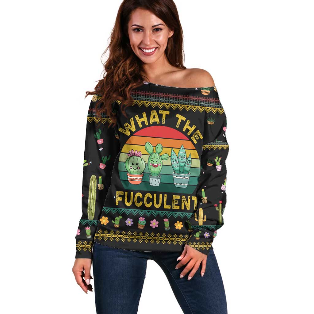 Cacuts Christmas Off Shoulder Sweater Cactus What the Fucculent - Wonder Print Shop