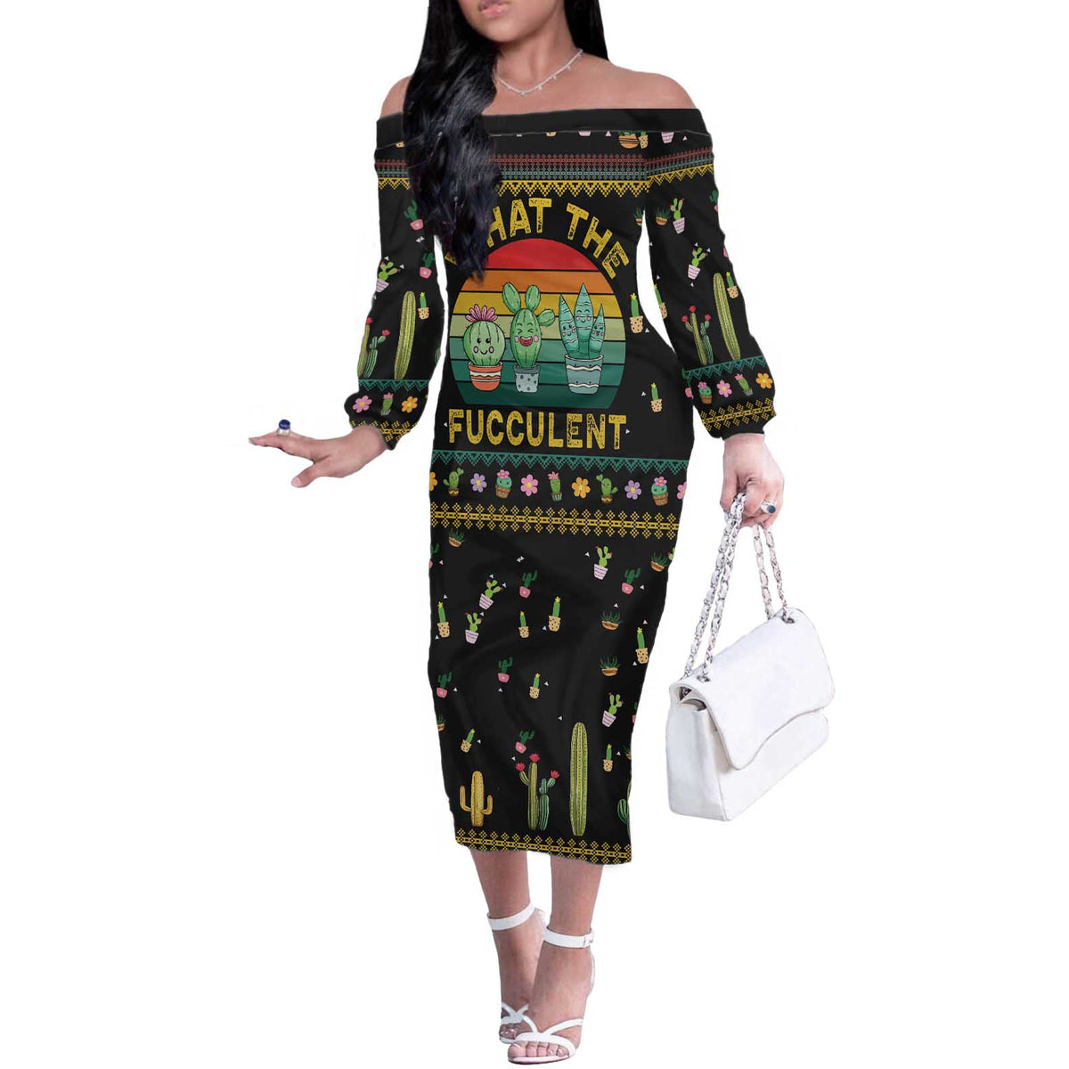 Cacuts Christmas Off The Shoulder Long Sleeve Dress Cactus What the Fucculent - Wonder Print Shop