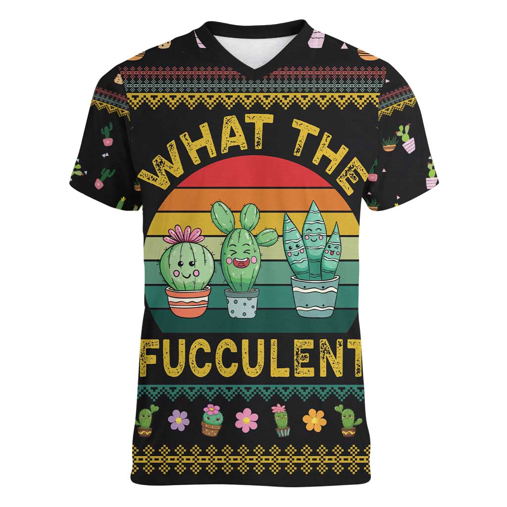 Cacuts Christmas Women V-Neck T-Shirt Cactus What the Fucculent - Wonder Print Shop